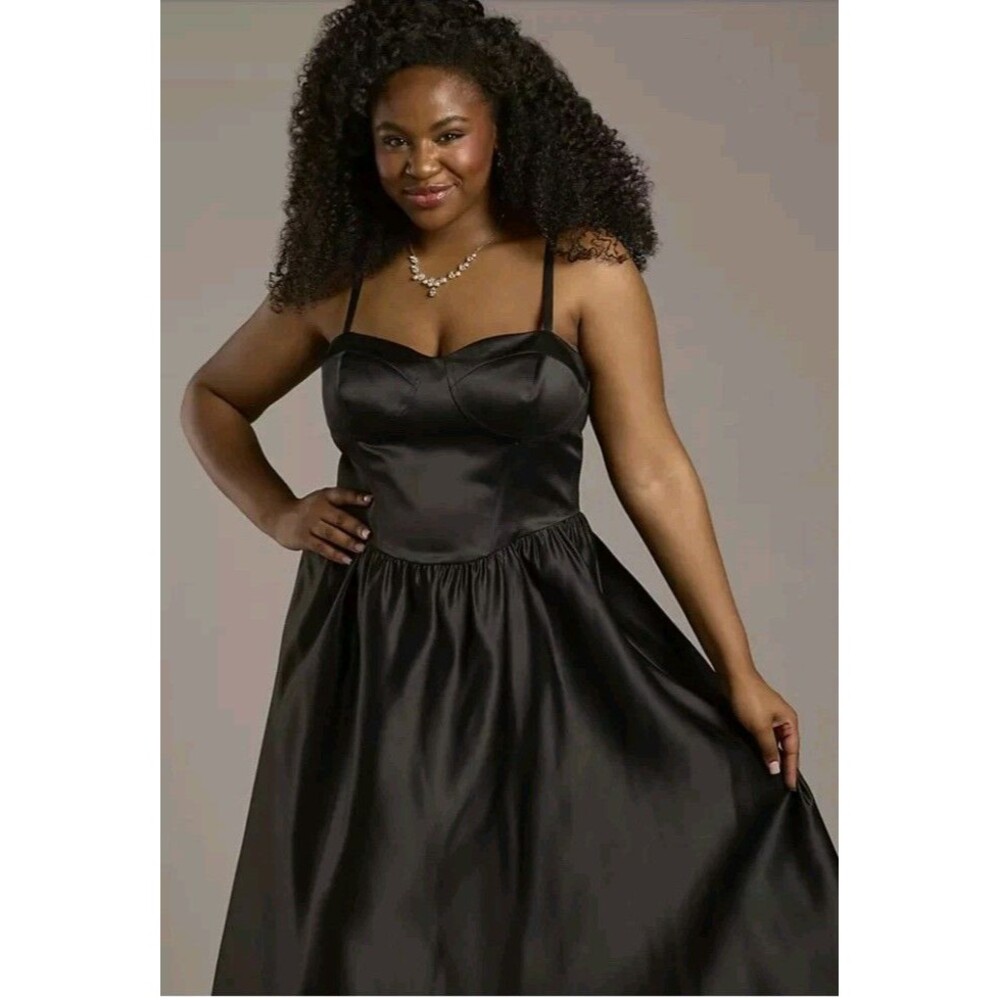 Corset Seam Full Skirt Black Satin A-Line Dress Adjustable Straps By DB Studio - Picture 3 of 13
